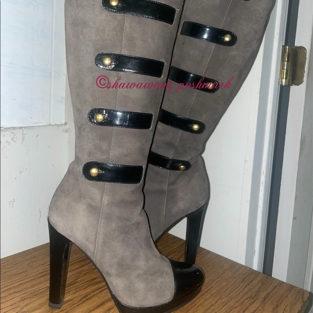 Authentic FENDI Military Boots Grey Suede Black Strap Gold EU 36 Pre-Owned
